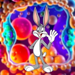 Bugs Bunny, the iconic cartoon character, standing playfully in front of a vibrant and detailed cellular membrane