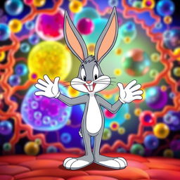 Bugs Bunny, the iconic cartoon character, standing playfully in front of a vibrant and detailed cellular membrane