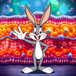 Bugs Bunny, the iconic cartoon character, standing playfully in front of a vibrant and detailed cellular membrane