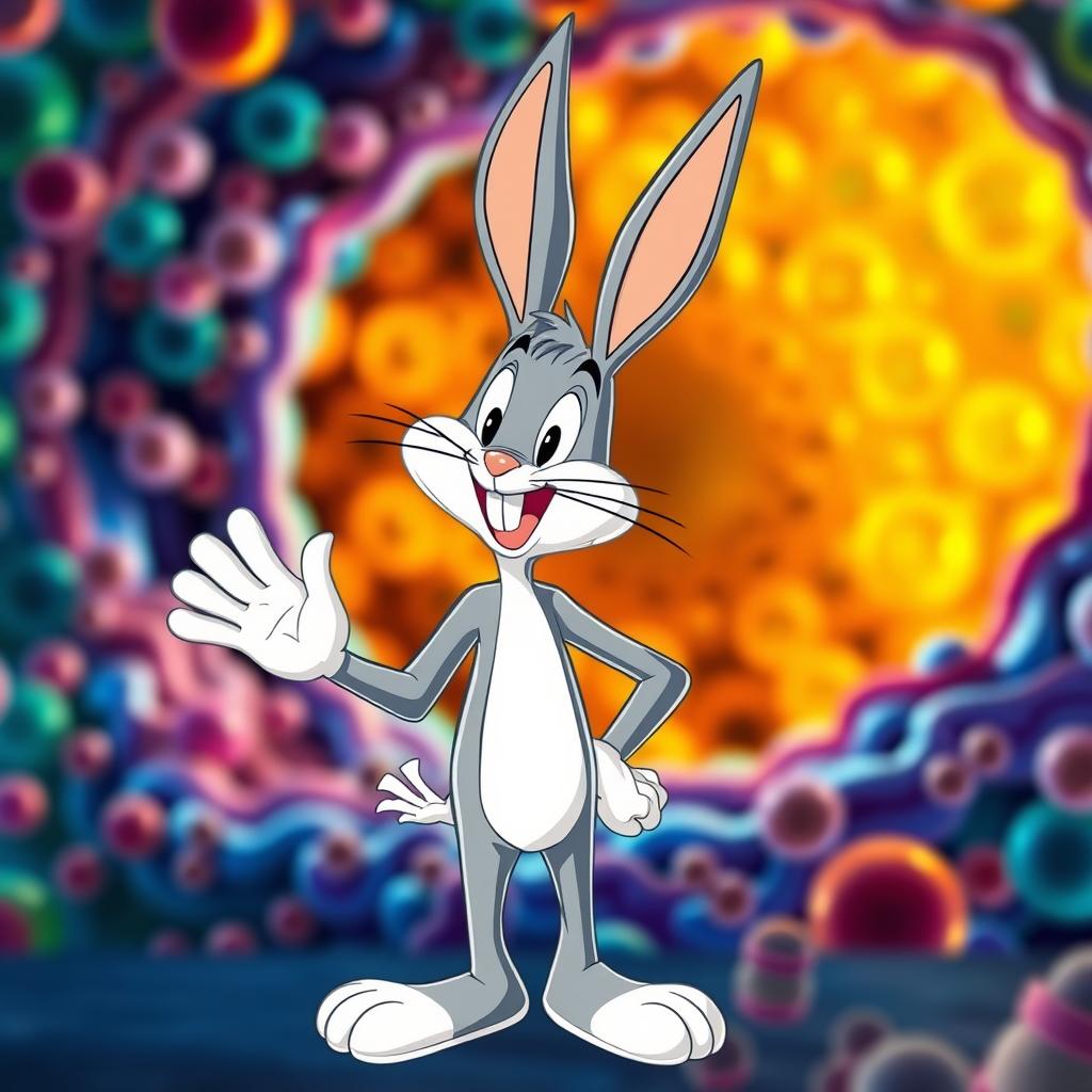 Bugs Bunny, the iconic cartoon character, standing playfully in front of a vibrant and detailed cellular membrane