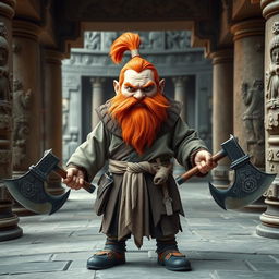 A striking red-haired dwarf who embodies both barbarian and monk characteristics, standing confidently with two axes, one in each hand