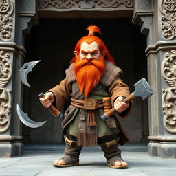 A striking red-haired dwarf who embodies both barbarian and monk characteristics, standing confidently with two axes, one in each hand