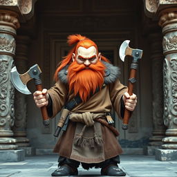 A striking red-haired dwarf who embodies both barbarian and monk characteristics, standing confidently with two axes, one in each hand