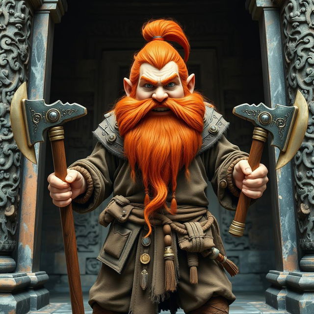 A striking red-haired dwarf who embodies both barbarian and monk characteristics, standing confidently with two axes, one in each hand