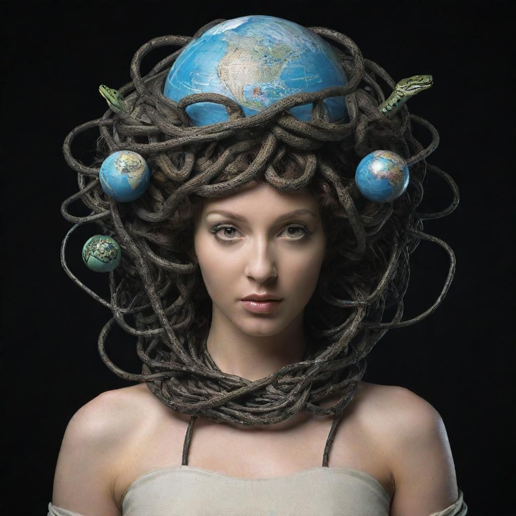 An artistic representation of Medusa, with her snake hair morphing into wires connected to various devices, signifying global networking. Around her is a globe, conveying the theme of worldwide connectivity.