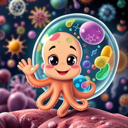 A playful mini-octopus character waving cheerfully at a colorful cell membrane