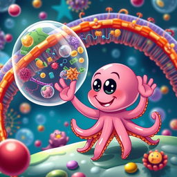 A playful mini-octopus character waving cheerfully at a colorful cell membrane