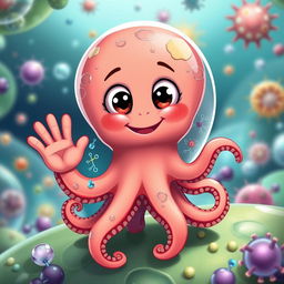 A playful mini-octopus character waving cheerfully at a colorful cell membrane