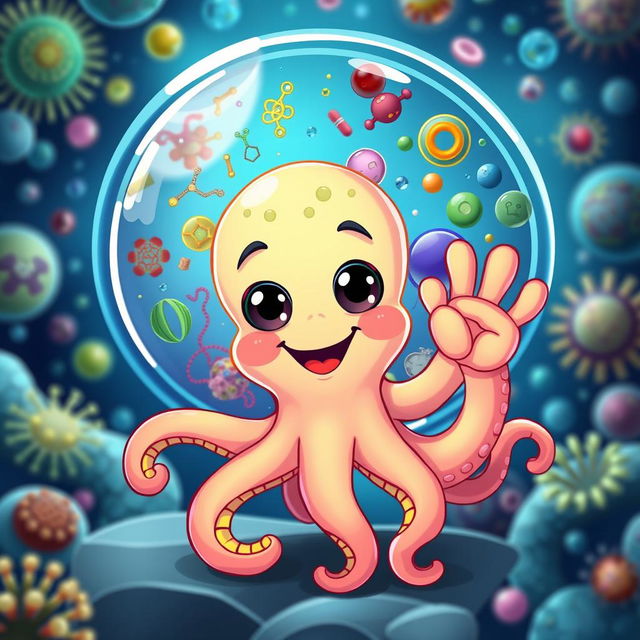 A playful mini-octopus character waving cheerfully at a colorful cell membrane