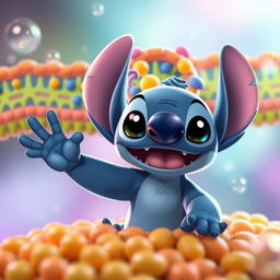 An adorable scene featuring Stitch, the cute alien character from Disney's Lilo & Stitch, happily waving at a colorful and intricate cellular membrane