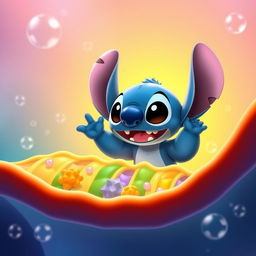 An adorable scene featuring Stitch, the cute alien character from Disney's Lilo & Stitch, happily waving at a colorful and intricate cellular membrane