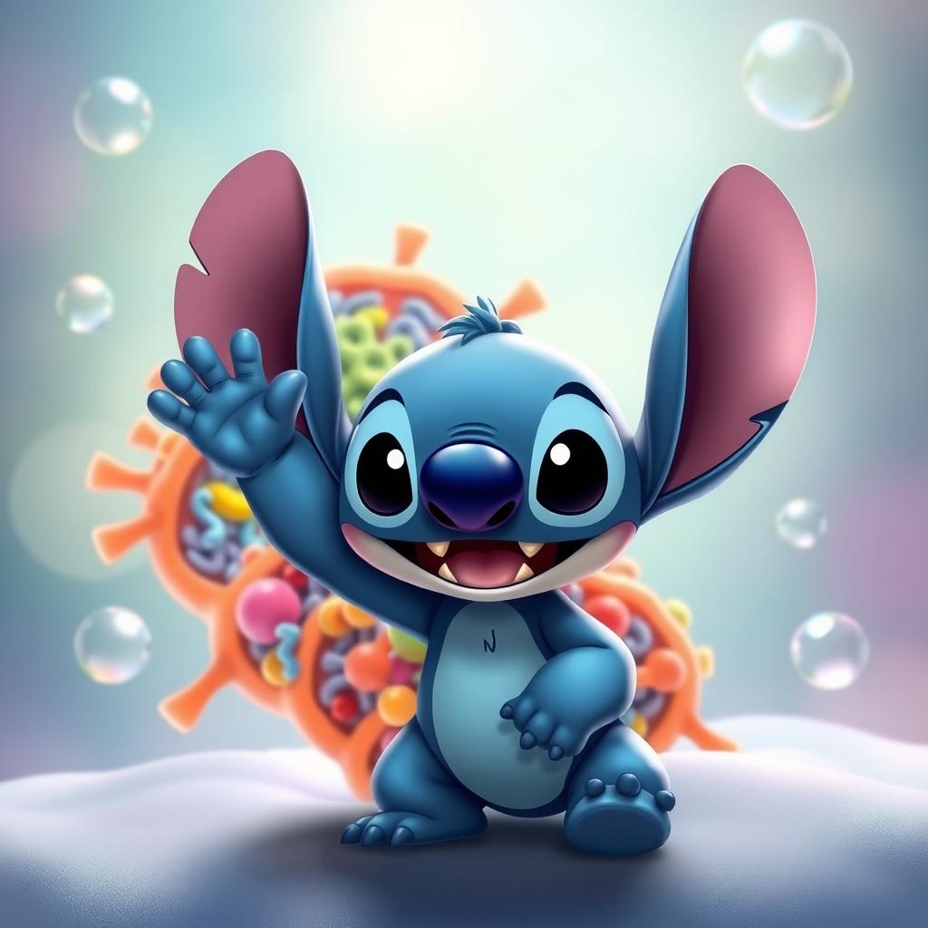 An adorable scene featuring Stitch, the cute alien character from Disney's Lilo & Stitch, happily waving at a colorful and intricate cellular membrane