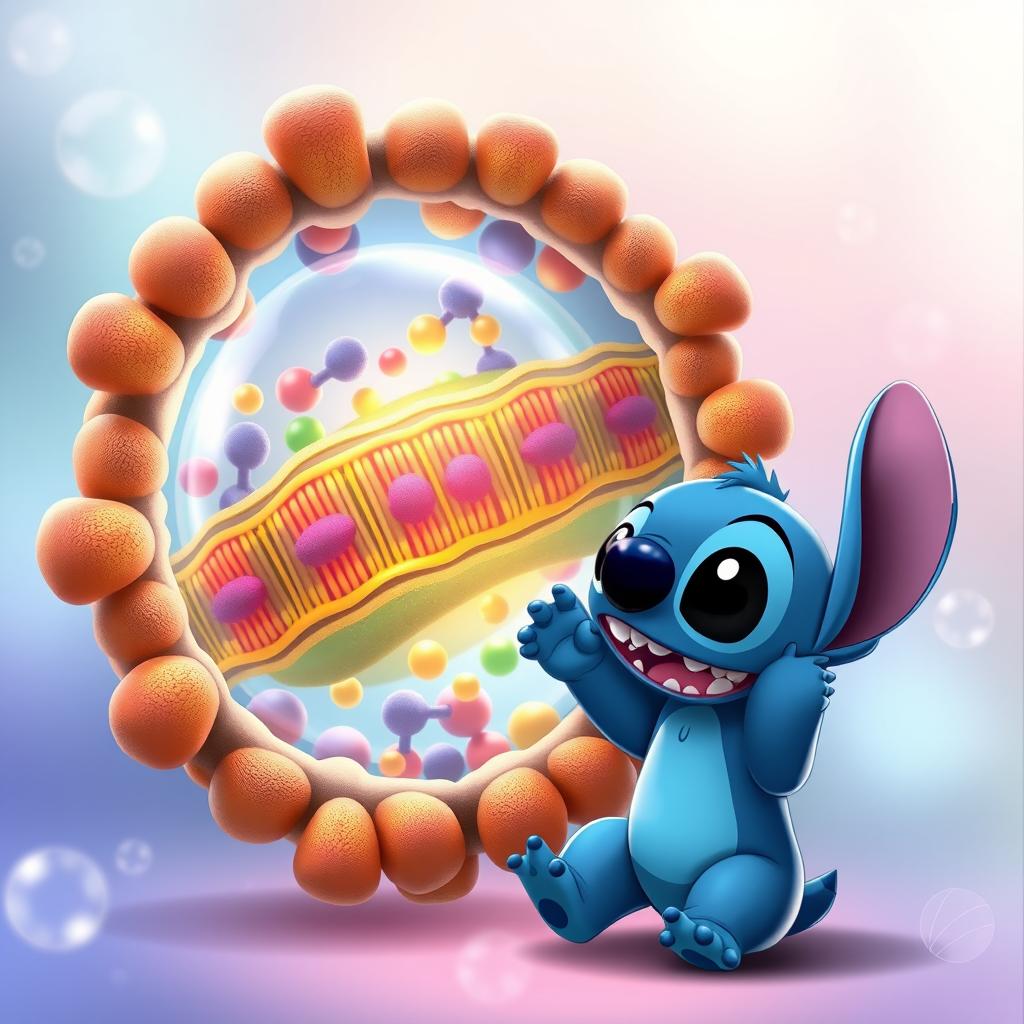 An adorable scene featuring Stitch, the cute alien character from Disney's Lilo & Stitch, happily waving at a colorful and intricate cellular membrane