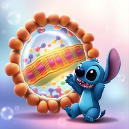 An adorable scene featuring Stitch, the cute alien character from Disney's Lilo & Stitch, happily waving at a colorful and intricate cellular membrane