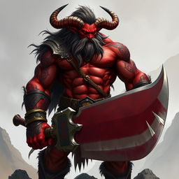 An imposing and muscular tiefling barbarian, towering over the landscape with an aura of raw power