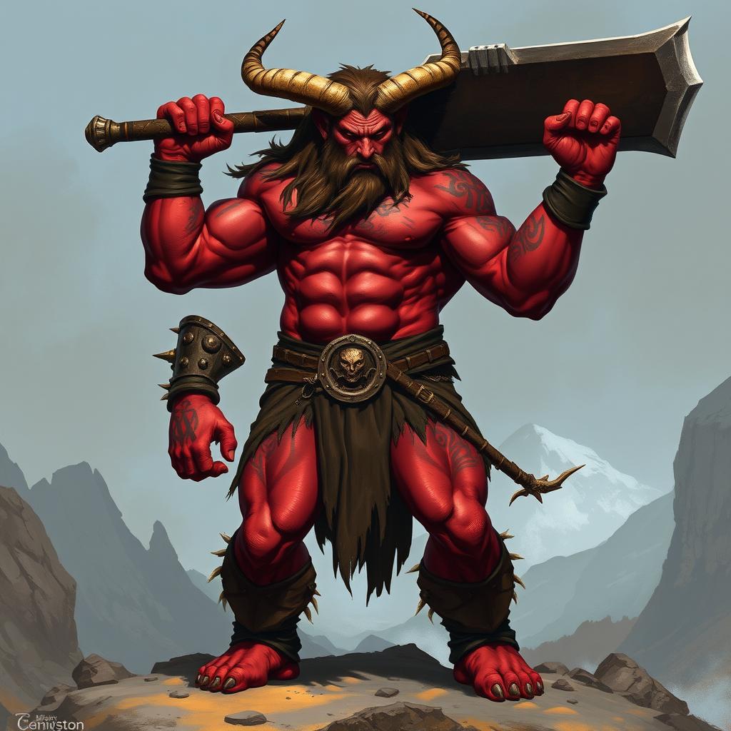 An imposing and muscular tiefling barbarian, towering over the landscape with an aura of raw power