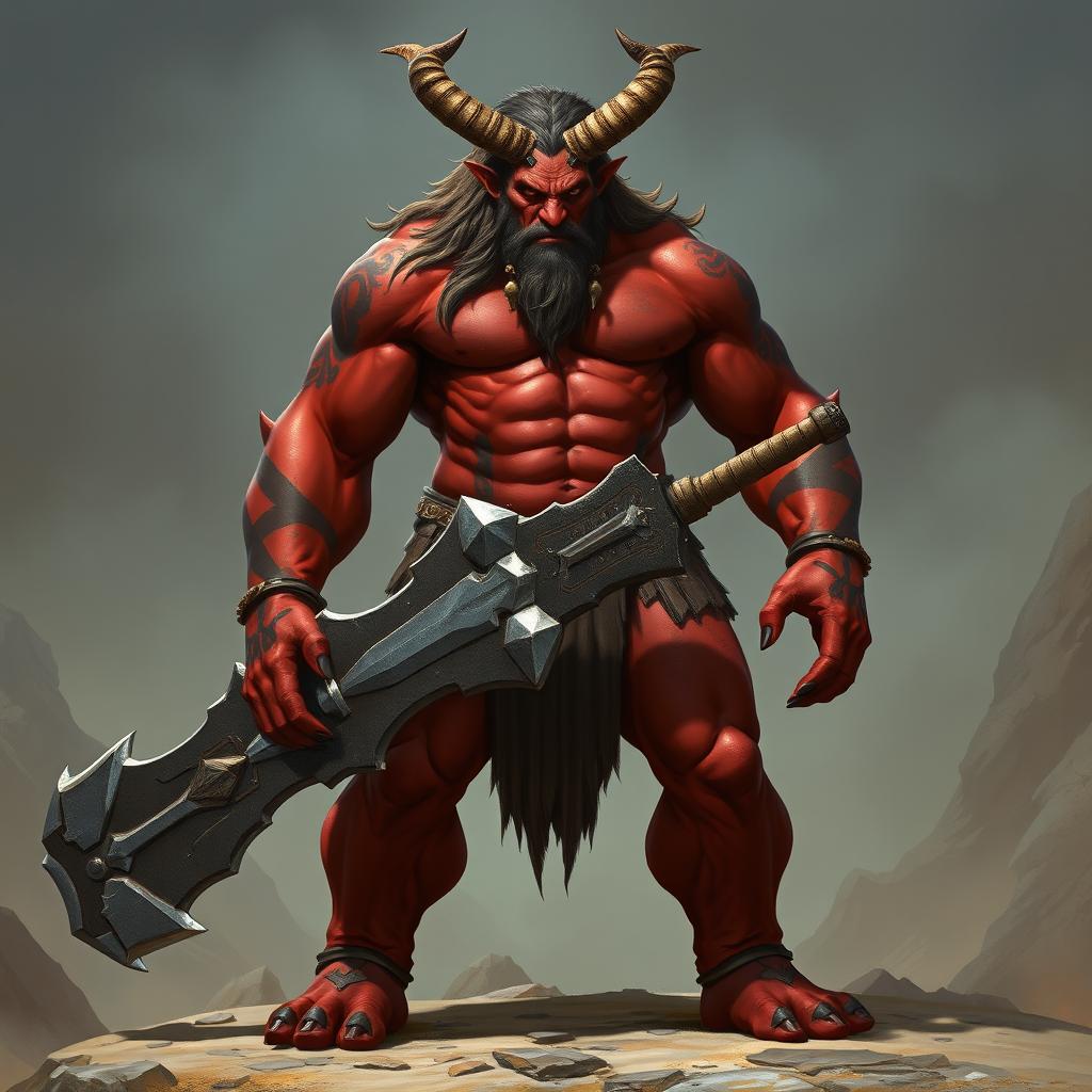 An imposing and muscular tiefling barbarian, towering over the landscape with an aura of raw power