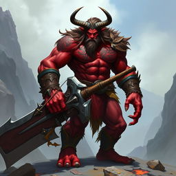 An imposing and muscular tiefling barbarian, towering over the landscape with an aura of raw power