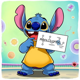 A cartoon character resembling an alien creature, inspired by Stitch from Lilo & Stitch, animatedly explaining phospholipids on a colorful, educational backdrop