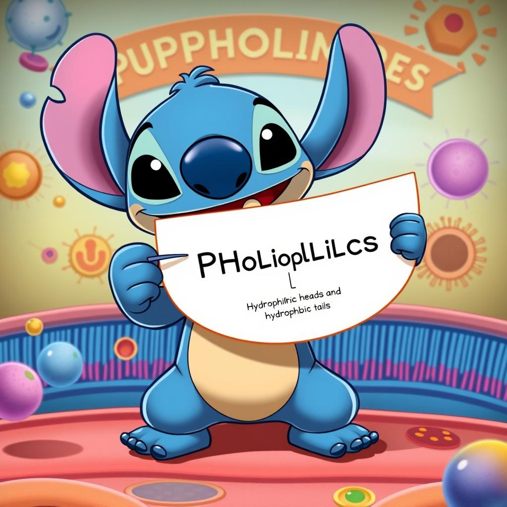 A cartoon character resembling an alien creature, inspired by Stitch from Lilo & Stitch, animatedly explaining phospholipids on a colorful, educational backdrop