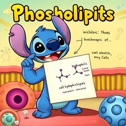 A cartoon character resembling an alien creature, inspired by Stitch from Lilo & Stitch, animatedly explaining phospholipids on a colorful, educational backdrop