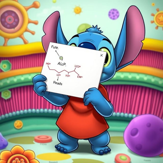 A cartoon character resembling an alien creature, inspired by Stitch from Lilo & Stitch, animatedly explaining phospholipids on a colorful, educational backdrop