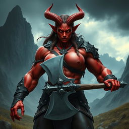 A very muscular and large red-skinned female tiefling barbarian, exuding immense strength and power