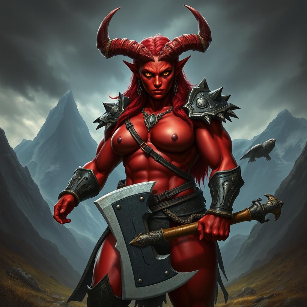 A very muscular and large red-skinned female tiefling barbarian, exuding immense strength and power