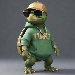 A cool and non-threatening turtle represented as a modern 'street' character, wearing a backwards baseball cap, chunky gold chain, sunglasses and a baggy hoodie, all while maintaining its slow and steady demeanor.