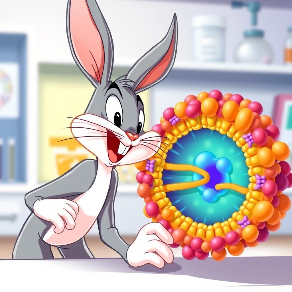 Bugs Bunny, the beloved cartoon character, curiously observing a detailed and colorful cellular membrane