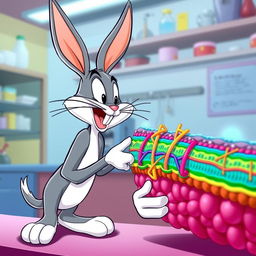 Bugs Bunny, the beloved cartoon character, curiously observing a detailed and colorful cellular membrane