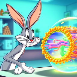 Bugs Bunny, the beloved cartoon character, curiously observing a detailed and colorful cellular membrane