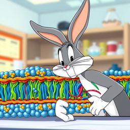 Bugs Bunny, the beloved cartoon character, curiously observing a detailed and colorful cellular membrane