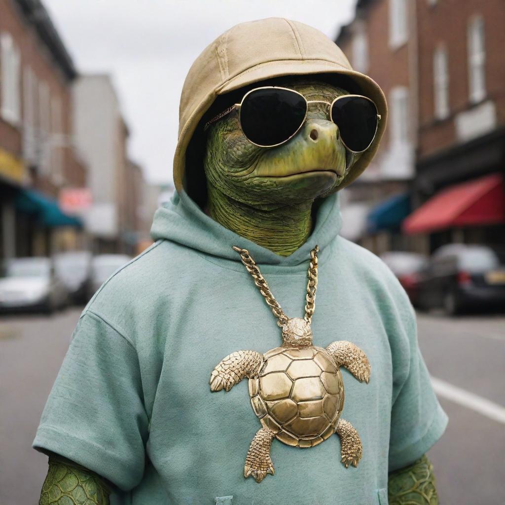 A cool and non-threatening turtle represented as a modern 'street' character, wearing a backwards baseball cap, chunky gold chain, sunglasses and a baggy hoodie, all while maintaining its slow and steady demeanor.