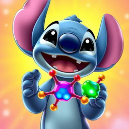 An imaginative portrayal of the character Stitch from Disney, playfully holding a colorful phospholipid molecule in his hands