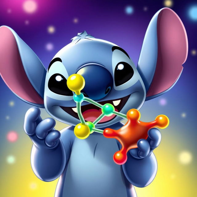 An imaginative portrayal of the character Stitch from Disney, playfully holding a colorful phospholipid molecule in his hands