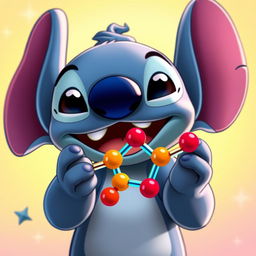 An imaginative portrayal of the character Stitch from Disney, playfully holding a colorful phospholipid molecule in his hands