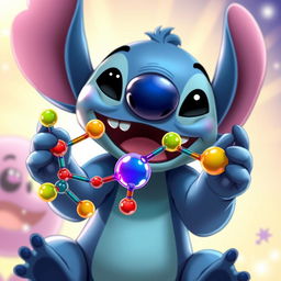 An imaginative portrayal of the character Stitch from Disney, playfully holding a colorful phospholipid molecule in his hands