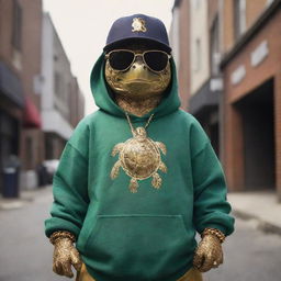 A cool and non-threatening turtle represented as a modern 'street' character, wearing a backwards baseball cap, chunky gold chain, sunglasses and a baggy hoodie, all while maintaining its slow and steady demeanor.