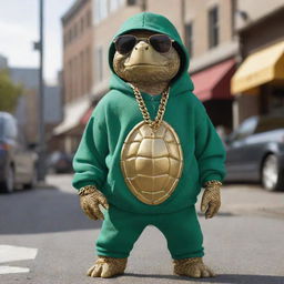 A cool and non-threatening turtle represented as a modern 'street' character, wearing a backwards baseball cap, chunky gold chain, sunglasses and a baggy hoodie, all while maintaining its slow and steady demeanor.