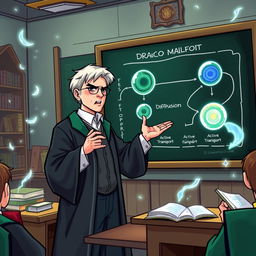 A dynamic illustration of Draco Malfoy passionately teaching about the types of membrane transport in a magical classroom setting