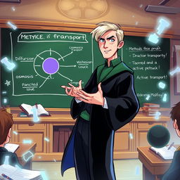 A dynamic illustration of Draco Malfoy passionately teaching about the types of membrane transport in a magical classroom setting