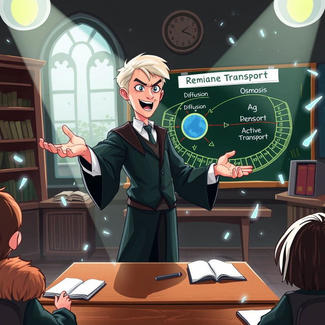 A dynamic illustration of Draco Malfoy passionately teaching about the types of membrane transport in a magical classroom setting