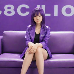 A vibrant, purple-themed anime girl chill, seated on a modern, glossy couch, with the name 'SACHI' boldly emblazoned in the backdrop.