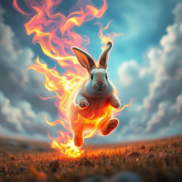 A surreal and vibrant scene featuring a rabbit in mid-run, surrounded by bright, colorful flames that encircle its body but do not burn it