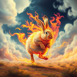 A surreal and vibrant scene featuring a rabbit in mid-run, surrounded by bright, colorful flames that encircle its body but do not burn it