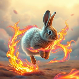 A surreal and vibrant scene featuring a rabbit in mid-run, surrounded by bright, colorful flames that encircle its body but do not burn it