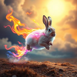 A surreal and vibrant scene featuring a rabbit in mid-run, surrounded by bright, colorful flames that encircle its body but do not burn it