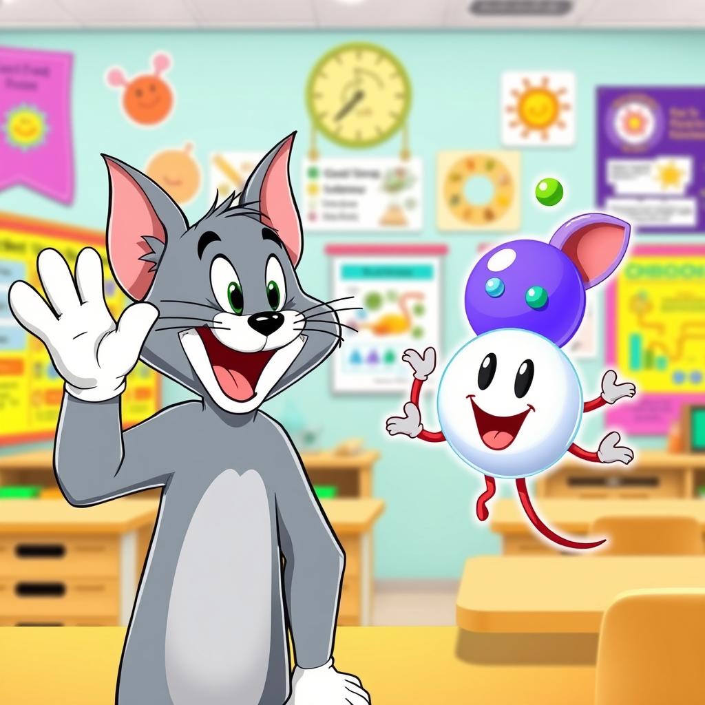 A cartoon cat resembling Tom, the playful grey tabby from Tom and Jerry, cheerfully waving at a colorful representation of active transport