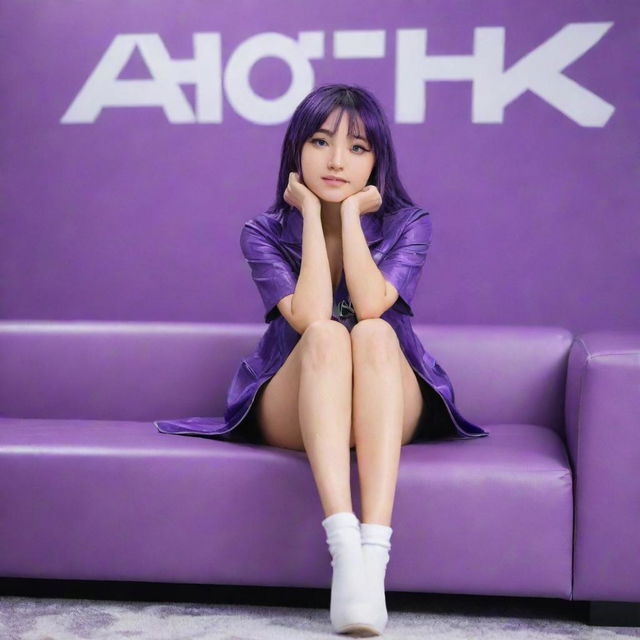 A vibrant, purple-themed anime girl chill, seated on a modern, glossy couch, with the name 'SACHI' boldly emblazoned in the backdrop.